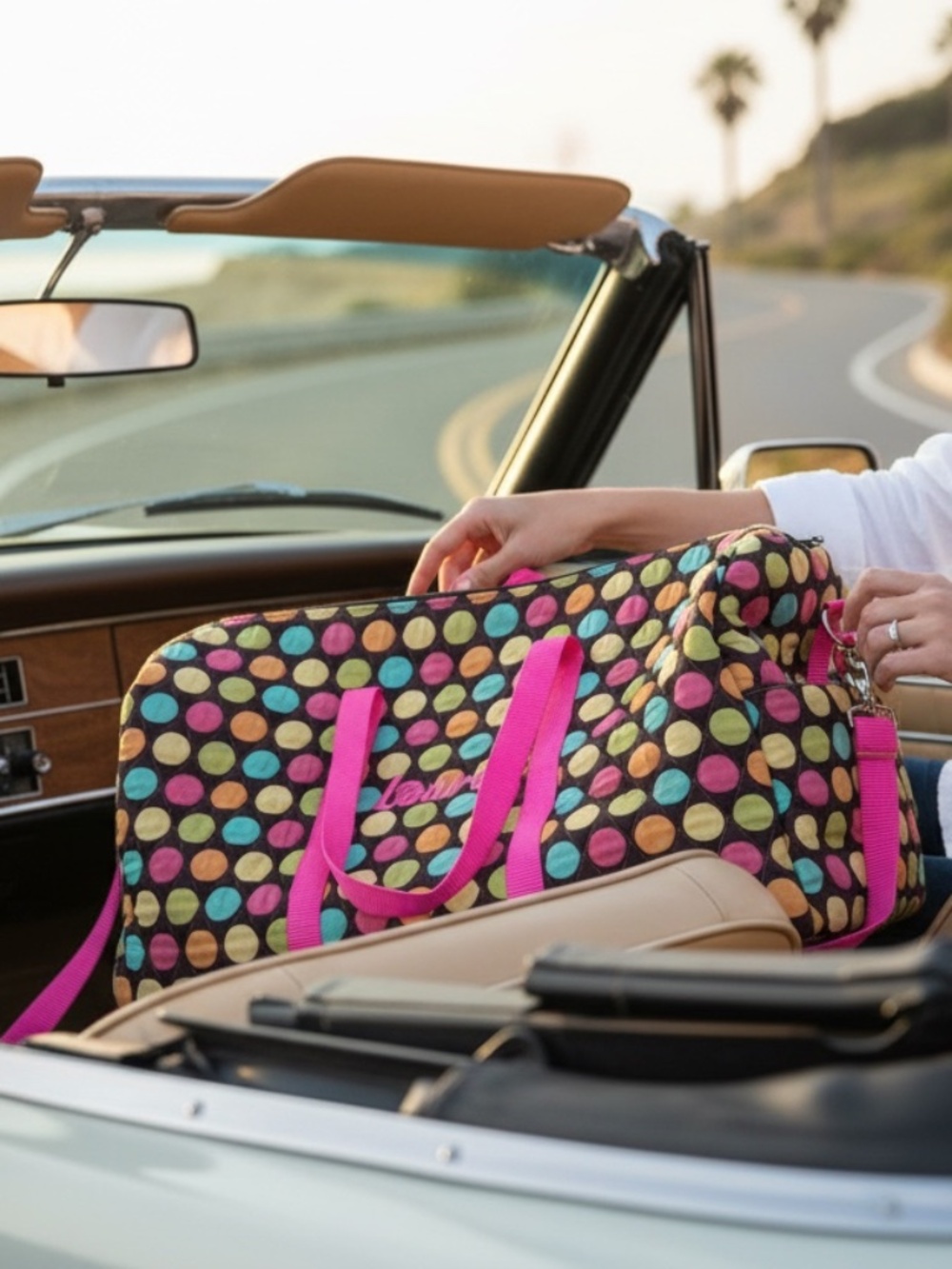 Handmade Colorful Polka Dot Duffle Bag Travel Weekender Overnight Quilted Pink